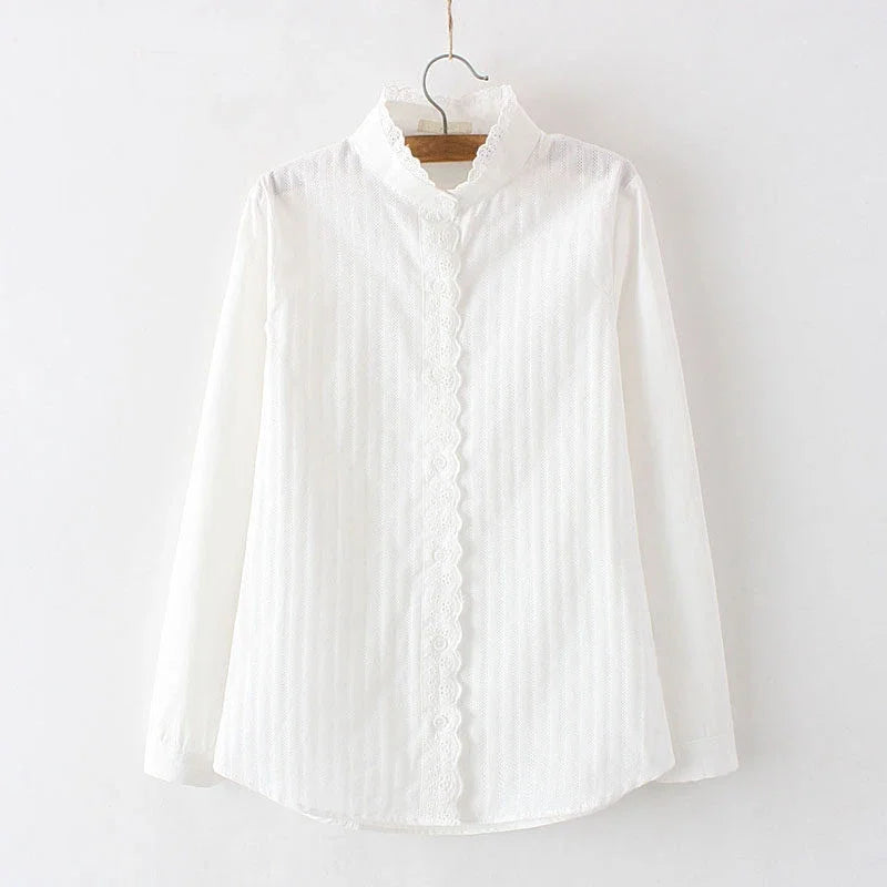 Women Lace White Shirts Summer Spring Long-Sleeve Ruffled 100% Cotton Slim Soft Blouse Tops 0.15 Kg